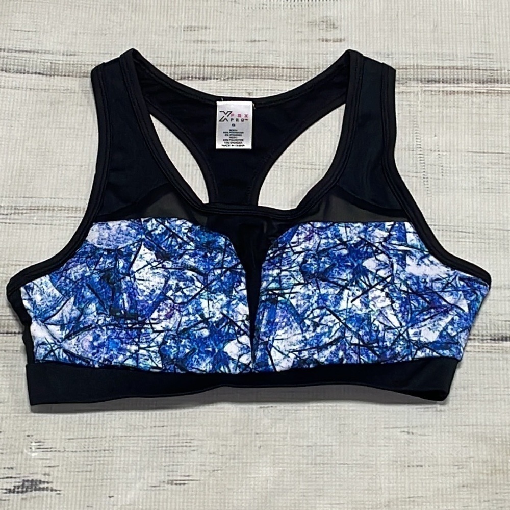 PBX Pro Sports Bra Black Mesh Blue Print Size Small
